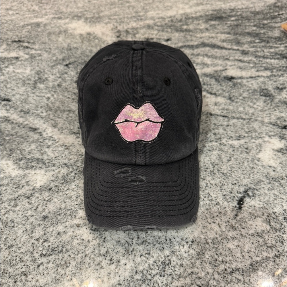 New Custom Designed Gray Distressed Baseball Cap with Iridescent Lips